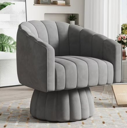 YOUDENOVA Swivel Accent Chair Mid Century Modern Swivel Barrel Chair, 360 Degree Round Swivel Chair with Wide Upholstered, Velvet Accent Armchair Home Sofa Living Room Bedroom Office Gray