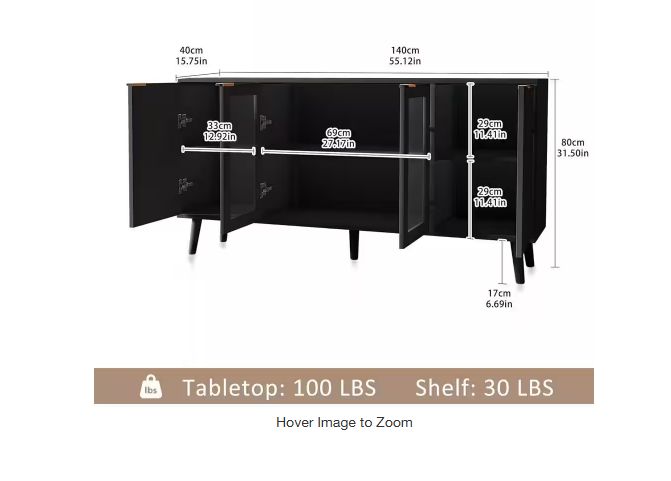 Modern Black Particle Board 55.12 in. Buffet Sideboard Cabinet with Glass Doors