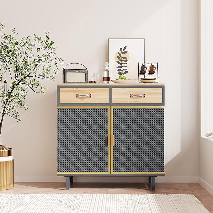 JYH Storage Cabinet with 2 Drawers, 31.5&quot; Buffet Cabinet with Doors Modern Iron &amp; Carbonized Bamboo Multifunctional Sideboard for Dining Room Hallway, Dark Grey