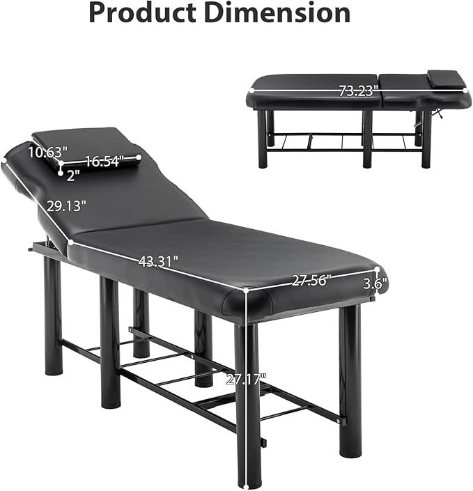 Massage Table, Lash Bed Spa Bed Massage Bed Spa Table, Adjustable Backrest and Removable Headrest, Bottom Shelf Storage, Black