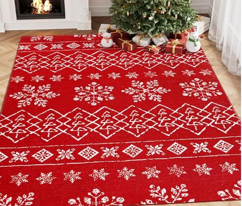 Area Rug 6x9 - Red Snowflake Christmas Tree Decorative Throw Rug