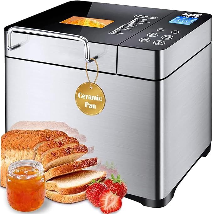 KBS Pro Stainless Steel Bread Machine, 2LB 17-in-1 Programmable XL Bread Maker with Fruit Nut Dispenser, Nonstick Ceramic Pan&amp; Digital Touch Panel, 3 Loaf Sizes 3 Crust Colors, Reserve&amp; Keep Warm Set 