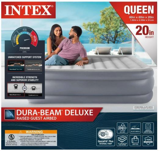 Intex 20&quot; Queen Dura-Beam Deluxe Raised Air Bed Mattress with Built-in Pump