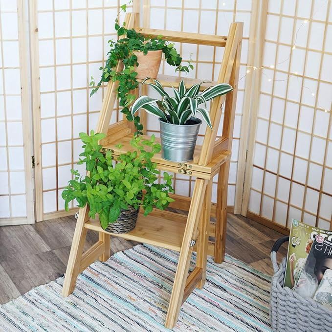 Navaris Folding Step Ladder Chair - Foldable Ladder Stool Shelf - Library Steps Bookshelf Plant Stand for Storage and Decoration - Bamboo