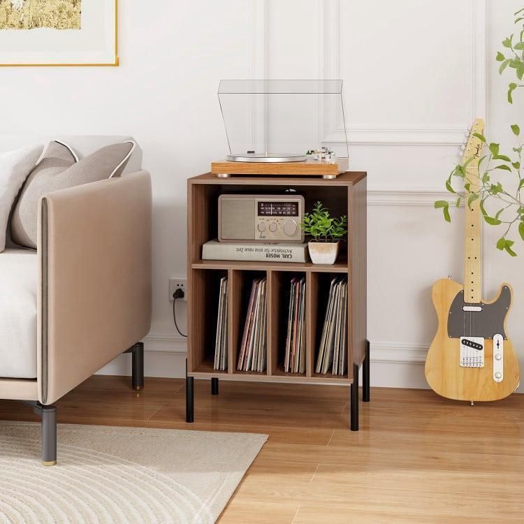 Total Tactic JV11192US-WT Record Player Stand with Record Storage Shelf &amp; Charging Station - Walnut