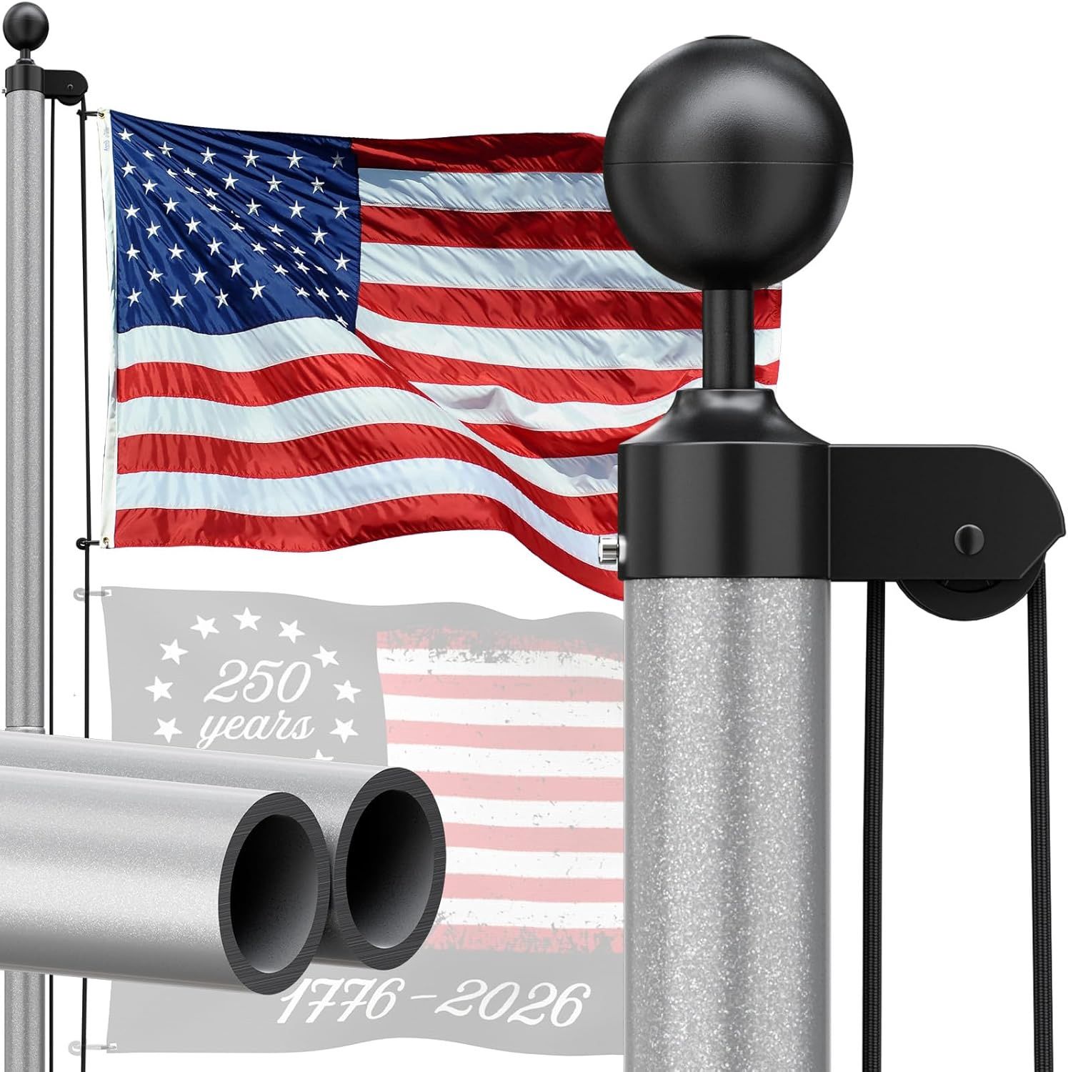 Heavy Duty Flag Pole - 25 FT 12 Gauge Extra Thick Aluminum Flagpole Kit with 5x3 Nylon Embroidered Flag for Outside House In Ground - 110MPH Wind