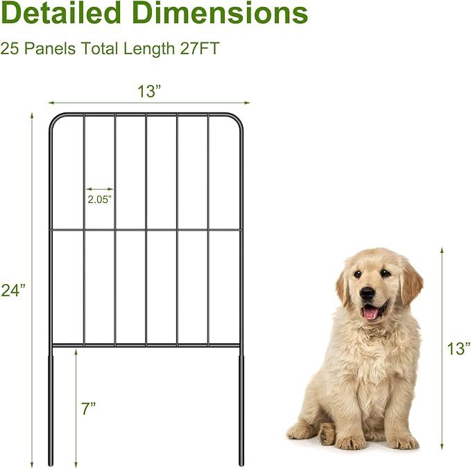 PINPON Decorative Garden Fence 25 Pack Animal Barrier Fence 27ft(L) x 24in(H) Rustproof Metal Wire Section Edging Fencing Panel for Outdoor Yard Landscape Patio, Square