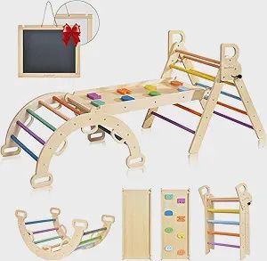 BlueWood Pikler Triangle Set, 7-in-1 Foldable Wooden Toddler Climbing Toys Indoor Playground Jungle Gym Montessori Philosophy Climber for 2-6 Years Old, Baby, Kids (Rainbow)