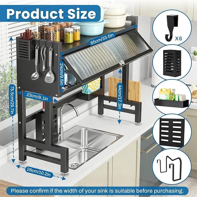 Over The Sink Dish Drying Rack 3 Tier with Cover.Space-Saving Dish Drainer Organizer for Dishes, Glasses, Bowls &amp; Cutlery.Tidy Kitchen Counter Storage Solution