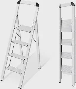 KINGRACK Aluminium 4 Step Ladder, Lightweight Step Stool with Non-Slip Pedals, Handrail, Foldable Step Ladder for Kitchen, Garage, Home, Space Saving, Sturdy and Portable, Silver