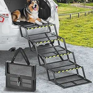 Pawaboo Extra Wide Dog Stairs for Car, Foldable Dog Ramps for Car with Non Slip Surface &amp; Reflective Tape, Heavy Duty Dogs Steps for Cars, SUV, Truck, 300lbs Capacity, 14&quot;-35&quot; Adjustable Height