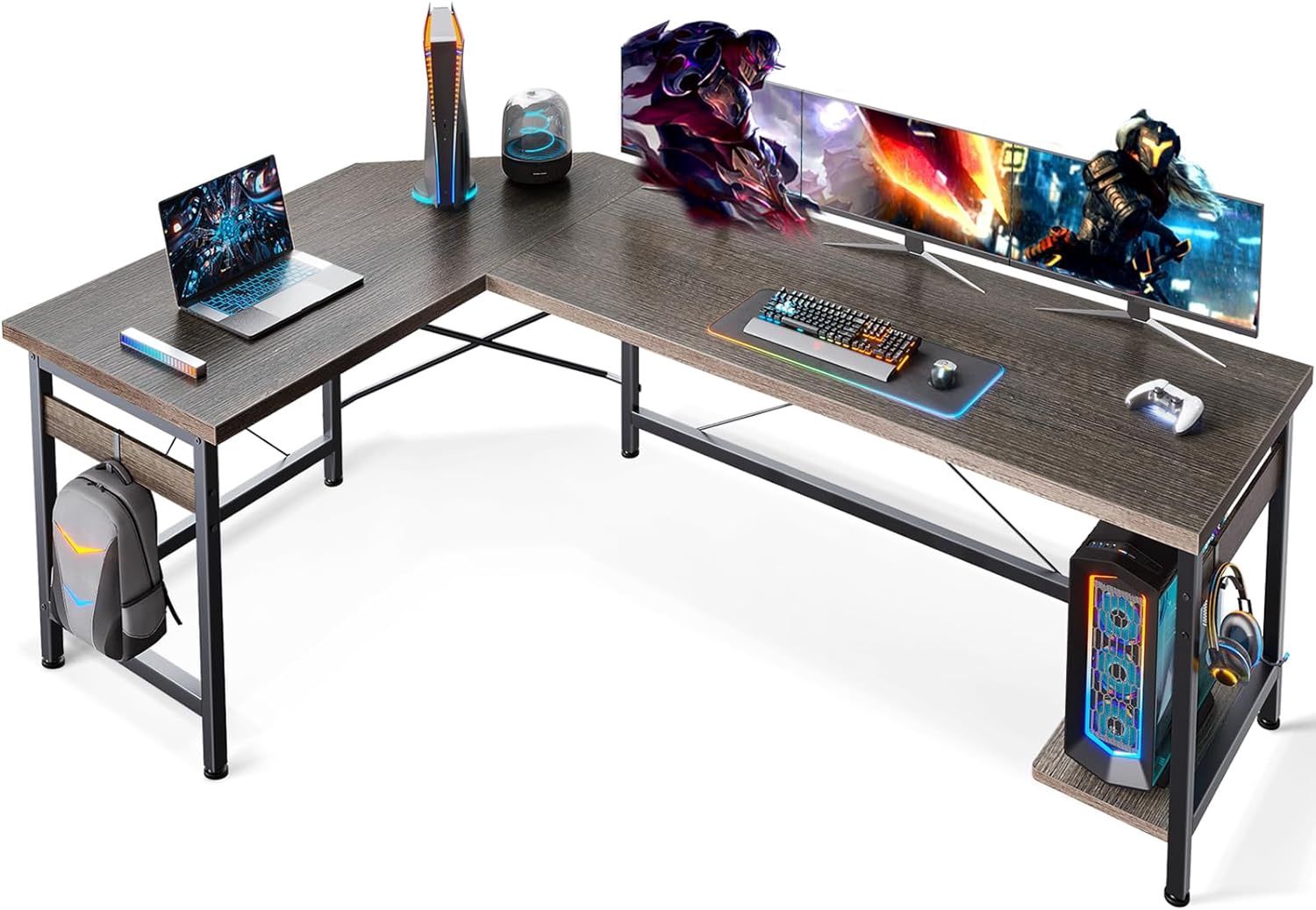 Coleshome 66&quot; L Shaped Gaming Desk, Corner Computer Desk, Sturdy Home Office Computer Table, Writing Desk, Larger Gaming Desk Workstation, Grey Oak