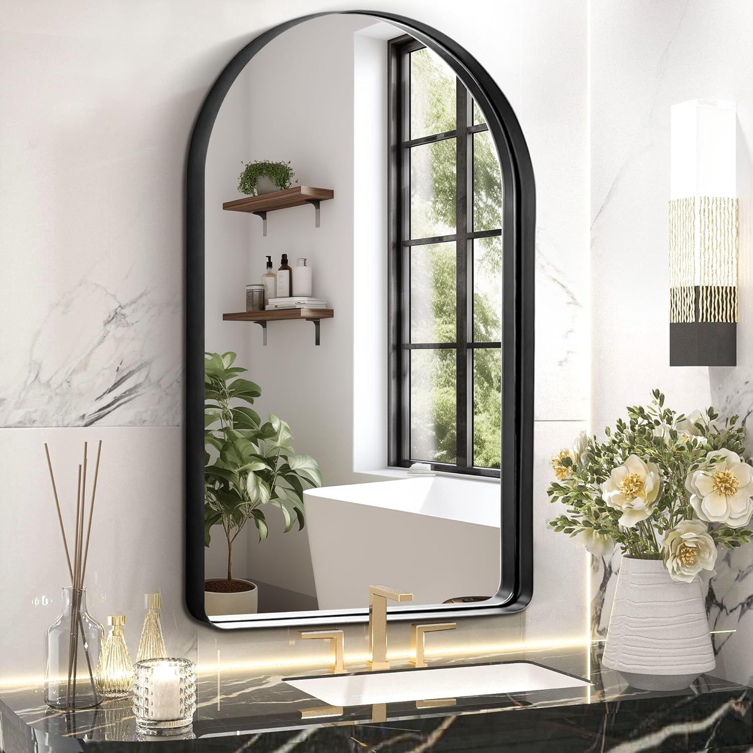 Arch Bathroom Mirror, 40&#39;&#39;x30&#39;&#39; Metal Frame Wall Mounted Bathroom Vanity Mirror, HD No Distortion, Modern Decor, Black