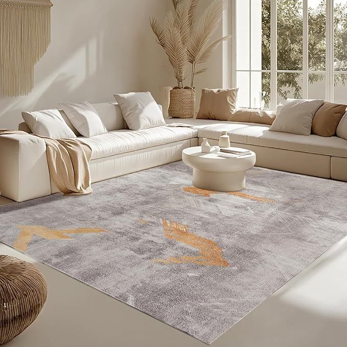 Pcinfuns 8×10 Area Rug for Living Room, Modern Neutral Abstract Washable Rugs, Large Soft Non Slip Indoor Carpet for Bedroom Dining Room Farmhouse Home Office, Grey Yellow