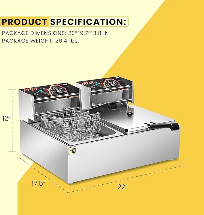 VIVOHOME 110V 20.7 Qt Commercial Electric Deep Fryer with 2 x 6.35 QT Removable Baskets, Overheat Protection