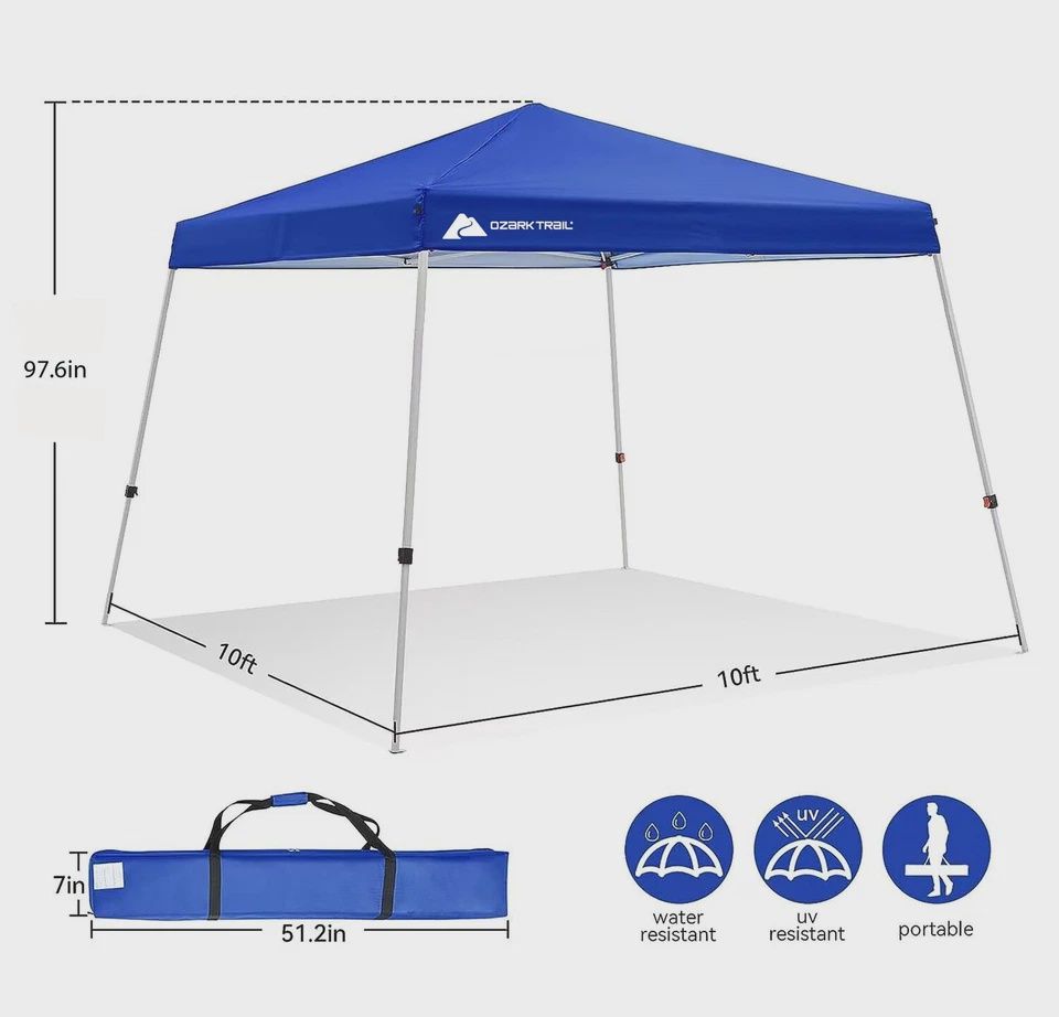 Ozark Trail 10&#39; x 10&#39; Instant Slant Leg Pop-up Canopy, Outdoor Shading Shelter, Blue