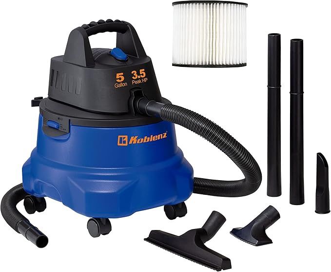 Koblenz Portable Wet-Dry Vacuum Cleaner, 5-Gallon Tank, 3.5 Peak HP Motor, Portable Vacuum Cleaner and Blower, Tackles Dry and Wet Messes, Accessories Included, Blue+Black demo unit
