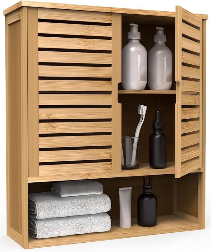 Purbambo Bathroom Wall Cabinet, Bamboo Wall Mount Medicine Cabinet Storage Organizer, Double Doors &amp; 3 Tier Adjustable Shelf