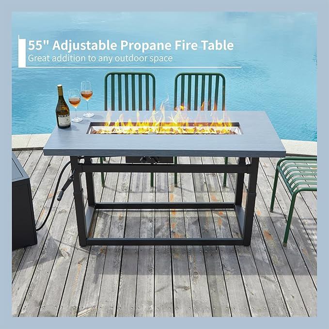 Fissfire 55&quot; Height Adjustable Propane Fire Pit Table, 50,000 BTU Rectangular Steel Fire Pit with Separate Propane Tank Cover, Lava Rock, Lid, Waterproof Cover for Patio and Garden, Gray