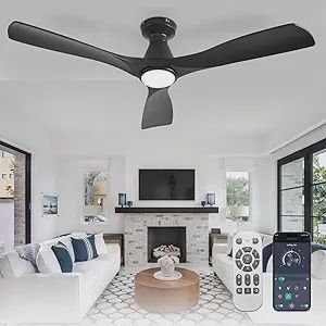 Depuley 52-Inch Ceiling Fans with Lights: Black 3 Blade Flush Mount Low Profile Ceiling Fan for Bedroom - Dimmable Indoor Outdoor Fan with Remote APP Control Ultra Quiet DC Motor Timer