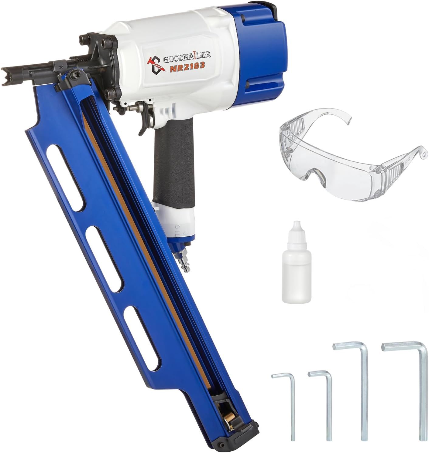 NR2183 Framing nailer 21 Degree Plastic Strip Nailer 2-Inch up to 3-1/4-Inch Plastic Collated Full Head Framing Nails Aluminum Magazine Light Weight Fast Speed Navy Blue