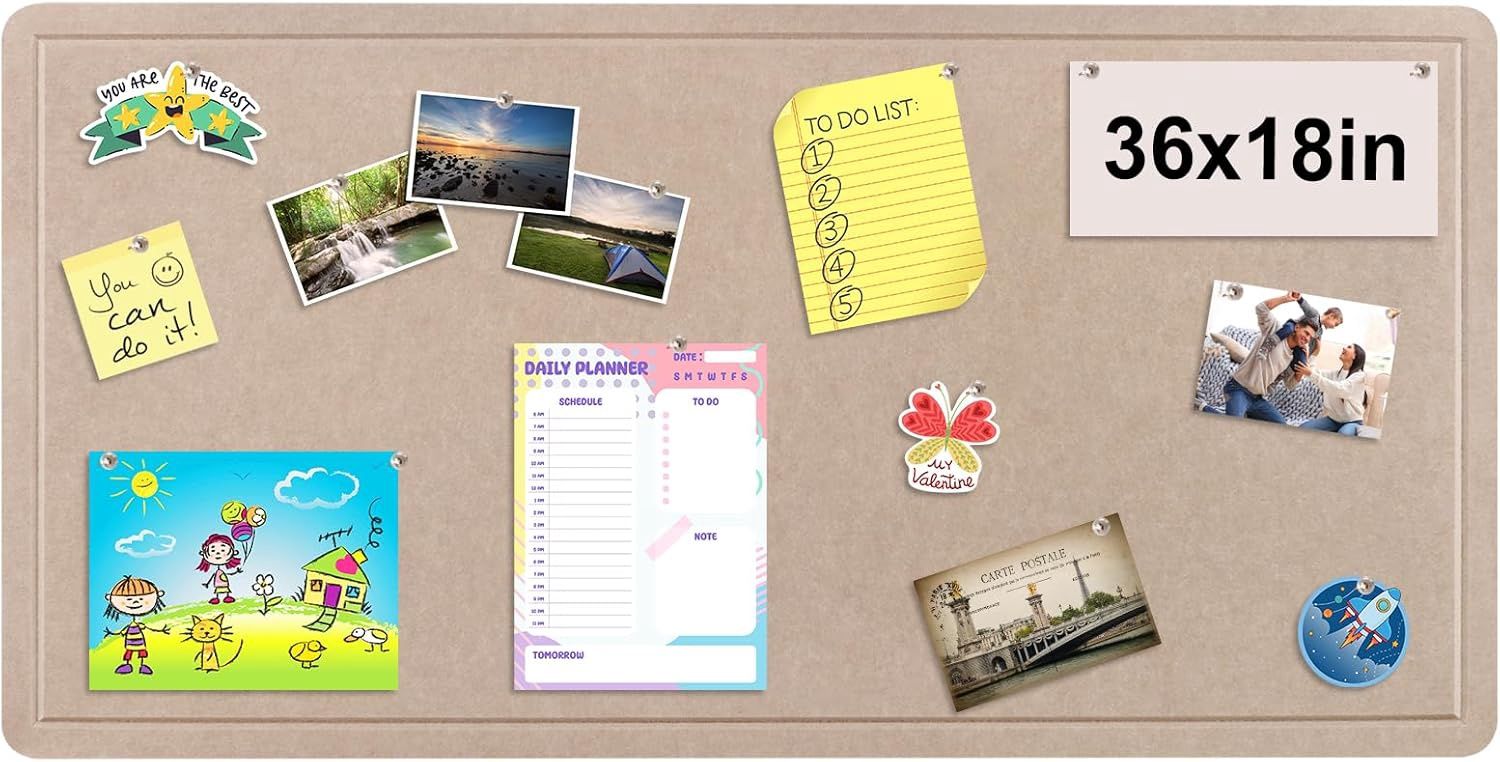 Foldable Bulletin Felt Board, 36x18 Inches Cork Board Alternative, Large Felt Board Decorative Pin Board for Wall, Foldable Photo Board Self-Adhesive Vision Board with 36 Pushpins Khaki