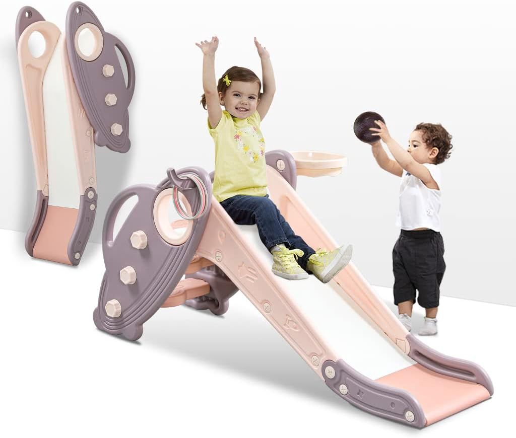 Onasti Kids Slide for Toddlers Age 1-3 Indoor Baby Plastic Slide Outdoor Climber Freestanding Playset with Basketball Hoop &amp; Ring Game Pink