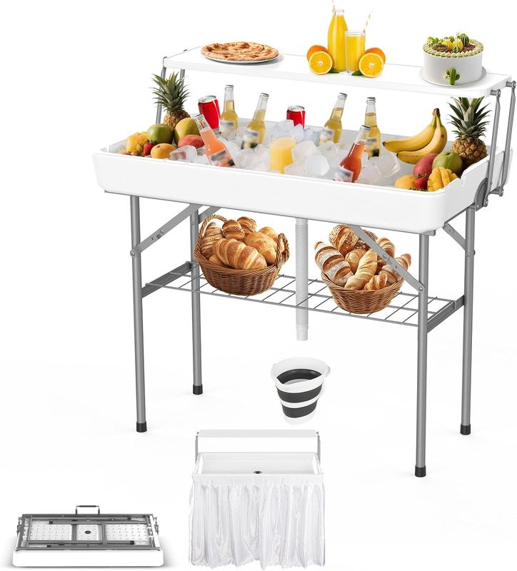 HLPB 4 FT Party Ice Cooler Folding Table with Folding Board, Outdoor ice Table with Skirt &amp; Drain &amp; Folded Buckets &amp; Barbed Wire, Portable Foldable Bar Table for Party, BBQ, Camping, Picnic, White
