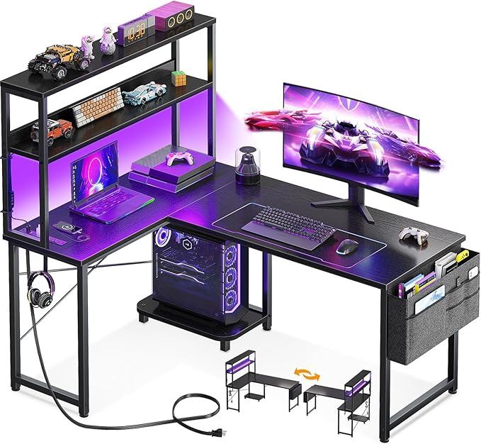 AODK L Shaped Desk Gaming Desk with LED Light &amp; Power Outlet, 43 Inch Reversible L Shaped Computer Table with Shelf, Corner Desk with Storage  Black