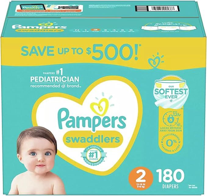 Pampers Swaddlers Diapers, Size 2 (12-18 Pounds), 180 Count