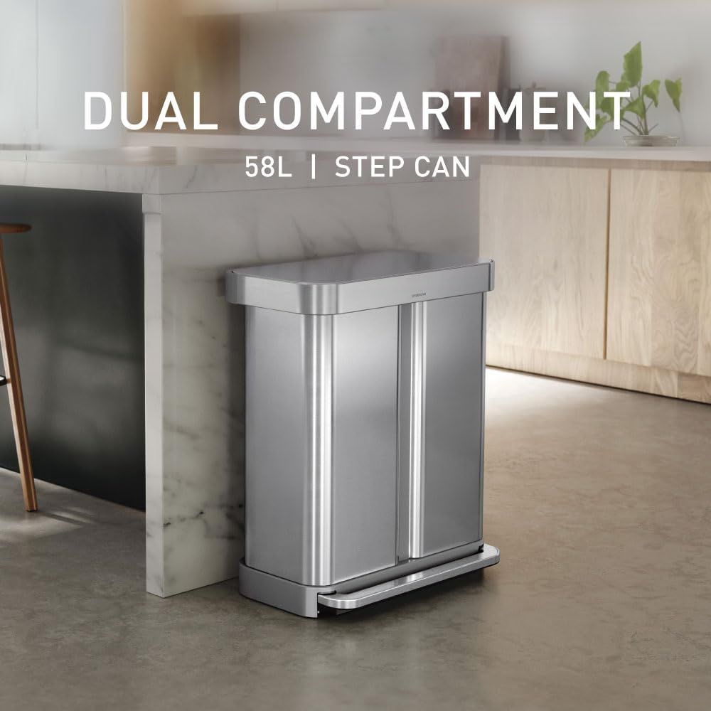 simplehuman 58 Liter / 15.3 Gallon Rectangular Hands-Free Dual Compartment Recycling Kitchen Step Trash Can with Soft-Close Lid, Brushed Stainless Steel