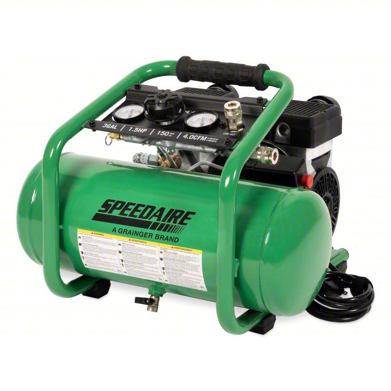 SPEEDAIRE Portable Air Compressor: Quiet, Oil Free, 3 gal, Hot Dog, 1.5 hp, 5 cfm @ 90 psi, 120V AC  AM1-HE15-03QG
