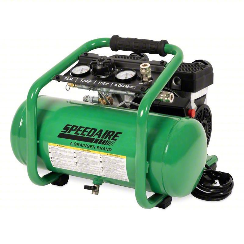 SPEEDAIRE Portable Air Compressor: Quiet, Oil Free, 3 gal, Hot Dog, 1.5 hp, 5 cfm @ 90 psi, 120V AC  AM1-HE15-03QG