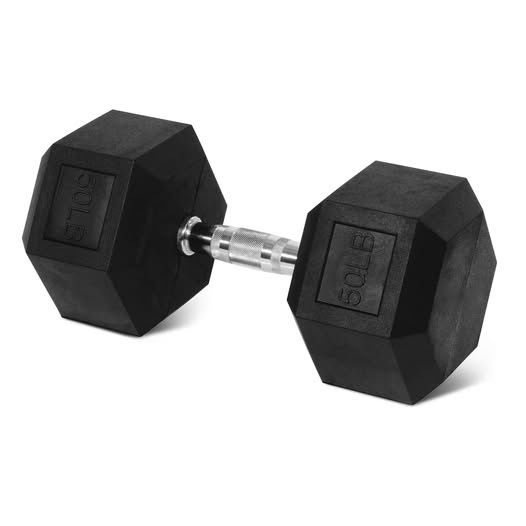 Rubber Encased Hex Dumbbell, 50LBs, Single