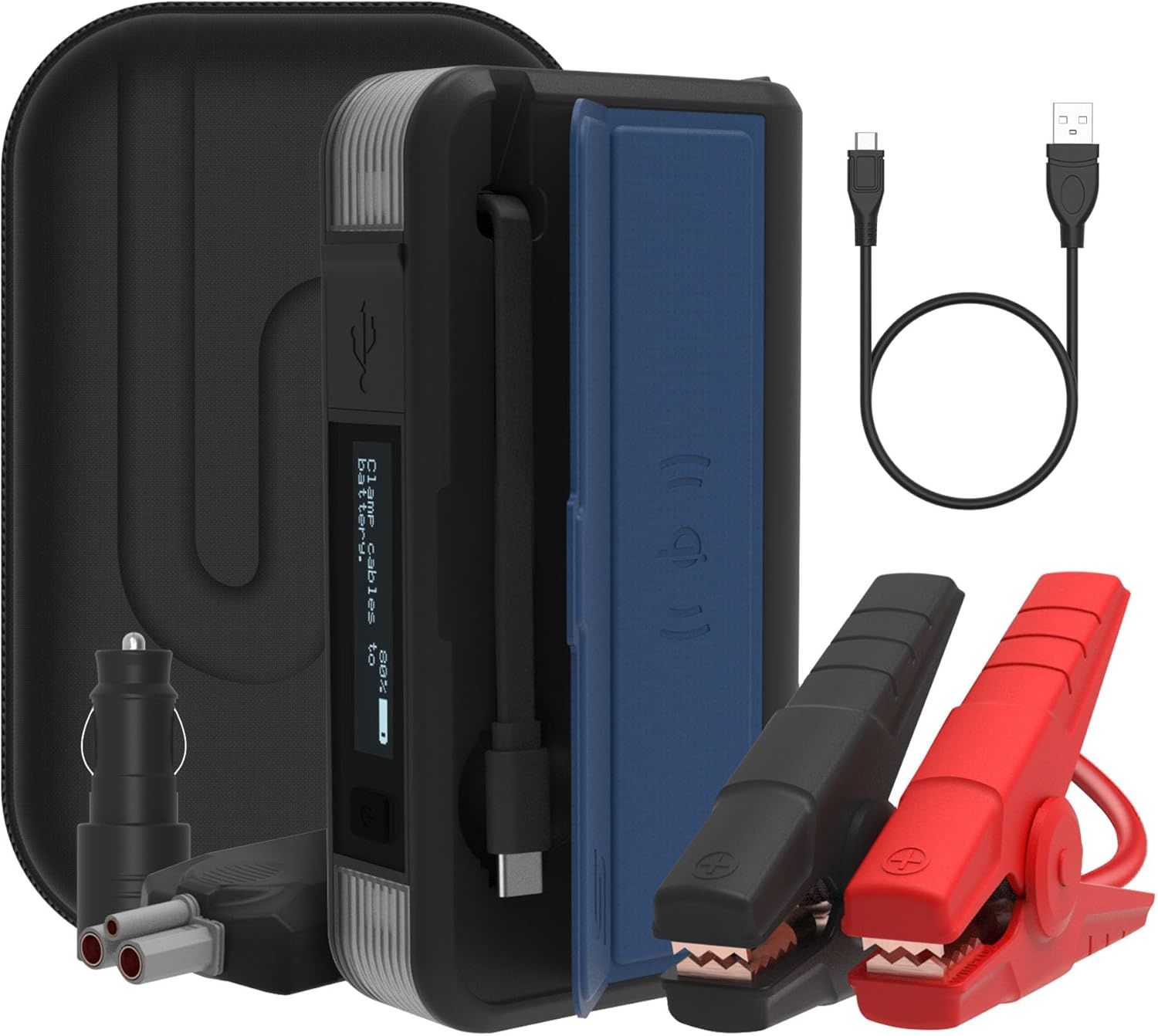 Type S Dynamic Plus DP10C Car Jump Starter Portable – UL Listed 12V 8000mAh for 6L Gas/3L Diesel, Built-in USB-C + Qi Charging, Multi-Language LCD, Emergency Hazard Lights (Blue, USB-C)