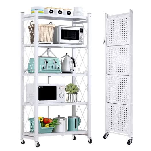 5-Tier Storage Shelving Unit, Metal Shelf 27.9"x13.4"x62.5, Foldable Storage Shelf with Wheels, Garage Shelf, Metal Storage Rack, Kitchen Shelf with 4 Hooks, No Assemble Require, White