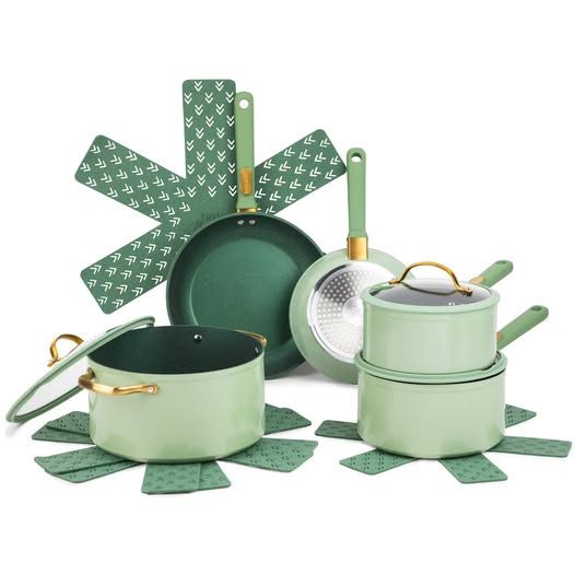 Thyme &amp; Table 12-Piece Non-Stick Cookware Set, Pots and Pans Set - Green, Granite Collection