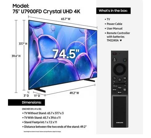 SAMSUNG 75” Class U7900F Series 4K Crystal UHD Smart TV