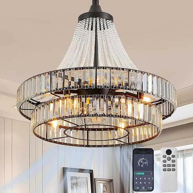 24" Modern Crystal Caged Fandelier, Smart Chandelier Fan