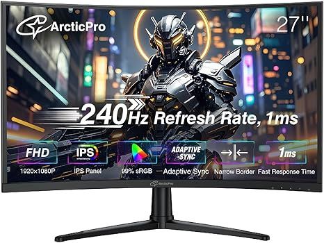 ArcticPro 27inch 240Hz Curved Gaming Monitor, FHD 1080p, 1ms Response