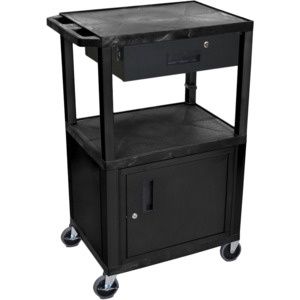 Luxor WT42C2E-B/WTD AV Cart, 42"H 3 Shelves Cab Drawer - Black WT42C2E-B/WTD