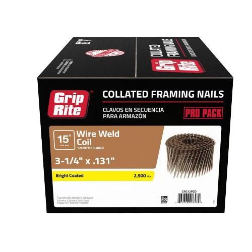 GRIP-RITE 2500PC COLATED FRAMING NAILS 15° WIRE WELD COIL 3-1/4''X.131 EG SMOOTH