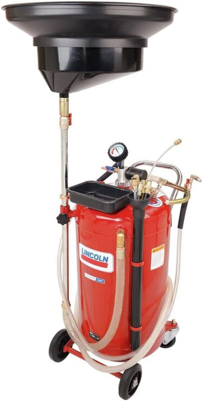 Lincoln 3639 25 Gallon Fluid Drain and Evacuator Tank Combo, 51-76" Adjustable Funnel Height, Built-in Safety Valve, 7' Discharge and 6.5' Evacuation Hoses, 6 Evacuation Wands, Fluid Level Sight Gauge