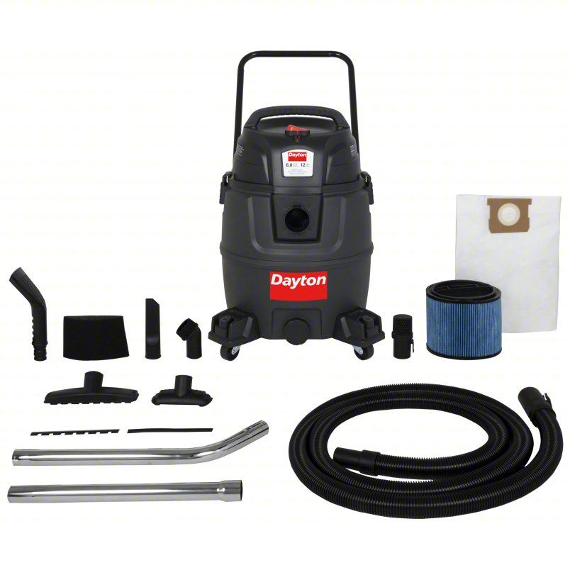 DAYTON Shop Vacuum: 12 gal Tank Size, Plastic, 1 7/8 in Vacuum Hose Dia, 12 ft Hose Lg, Wet/Dry, Std  61HV89