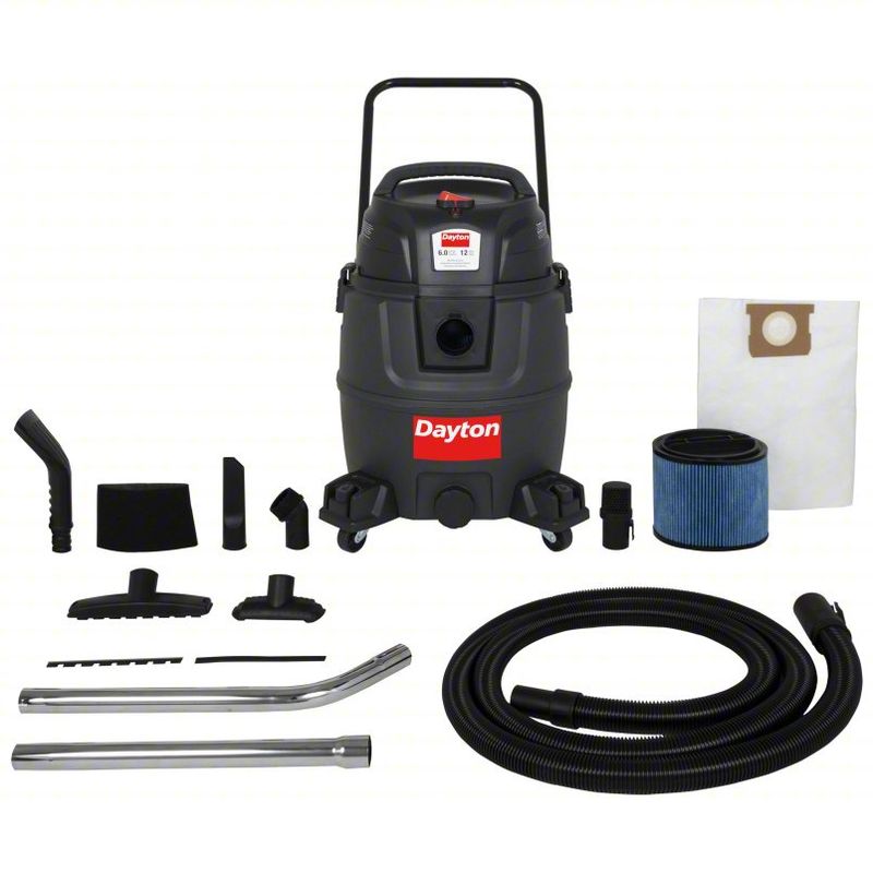 DAYTON Shop Vacuum: 12 gal Tank Size, Plastic, 1 7/8 in Vacuum Hose Dia, 12 ft Hose Lg, Wet/Dry, Std  61HV89