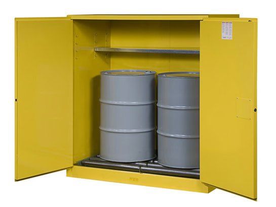 justrite 110 Gallon, 1 Shelf, Vertical Double-Duty Safety Cabinet With Drum Rollers, 2 Self-Close Doors, Sure-Grip® EX, Yellow - 899170