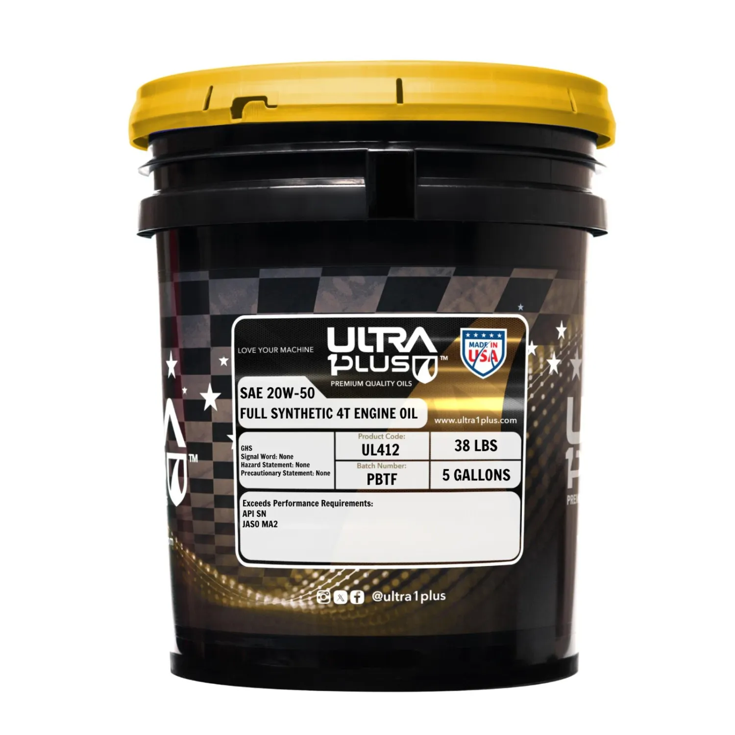 Ultra1Plus 20W-50 Full Synthetic 4T Motorcycle Engine Oil API SN MA2 5 Gallon