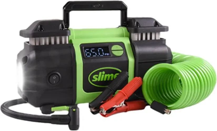 Slime 40083 Tire Inflator, Super Duty Pro Power, Battery Connection, Dual Piston, with Digital 0-99 psi Gauge, Long Hose and LED Light,