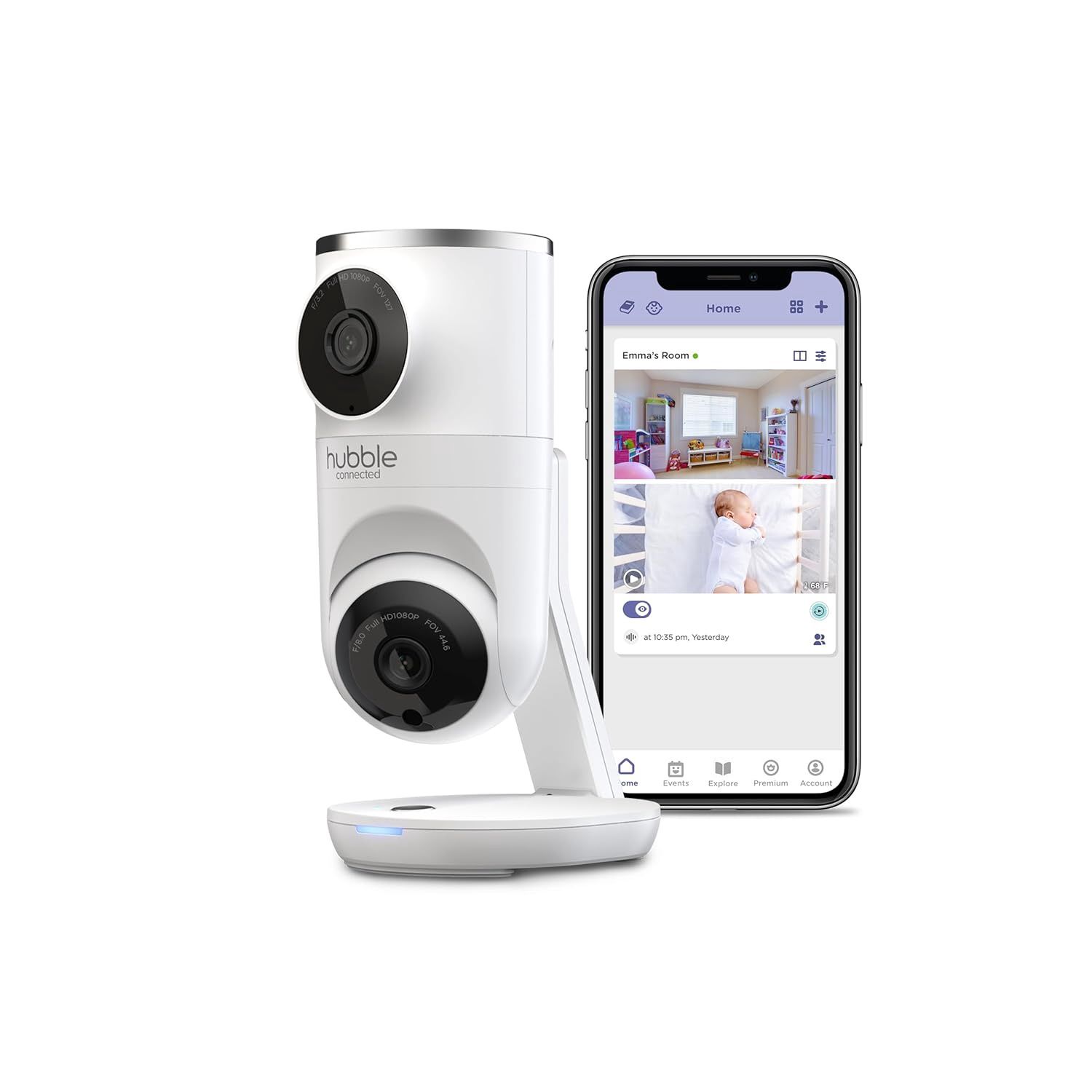 Hubble Connected Nursery Pal Dual Vision Smart Camera Wi-Fi Enabled Baby Monitor with AI Motion Tracking, Plus Preloaded Soothing Sounds, Lullabies, and Stories, White