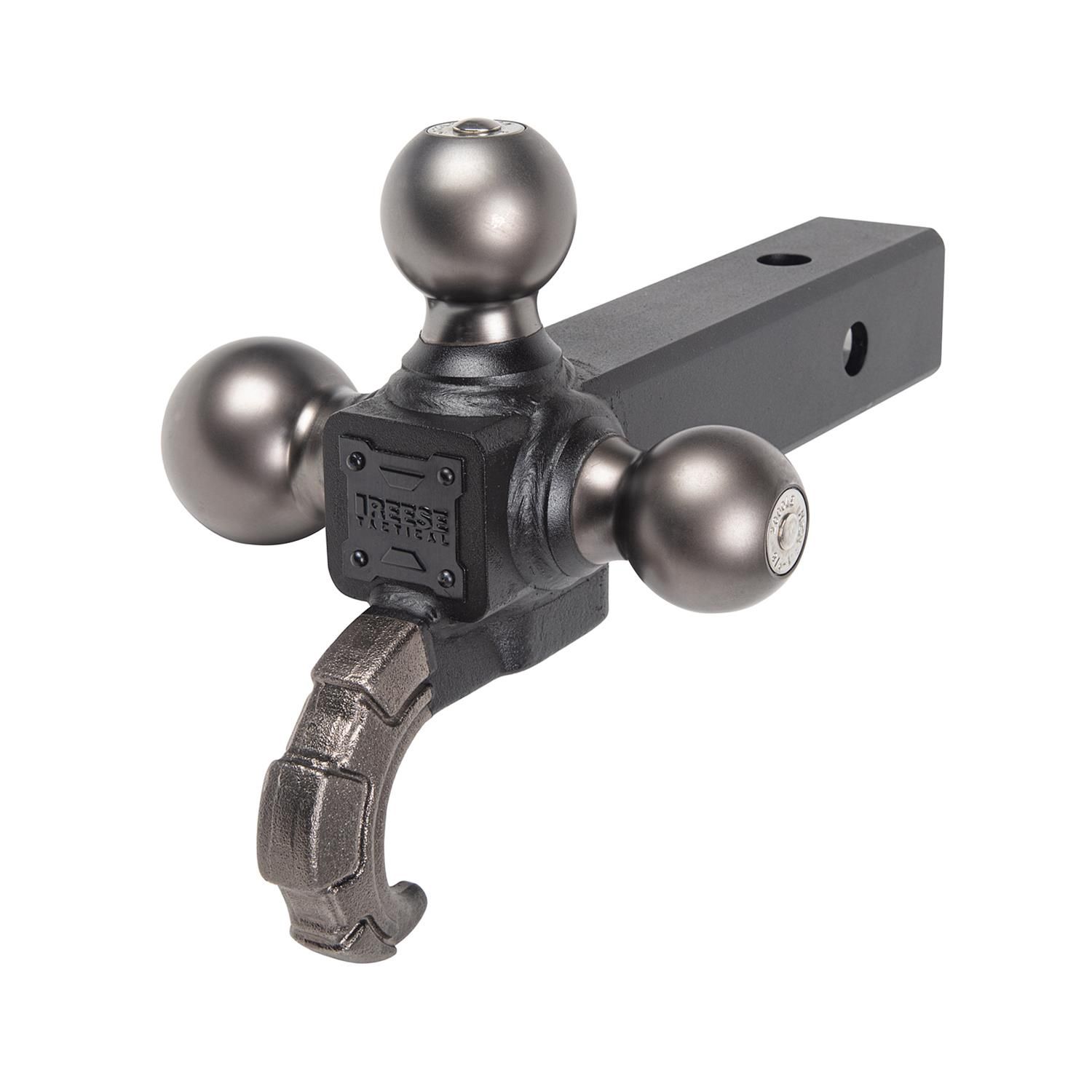 Reese Tri-Ball Trailer Hitch Ball Mount w/ Tow Hook, (1-7/8 Inch, 2 Inch, 2-5/16 Inch w/Chrome Trailer Hitch Balls), Fits 2 Inch Square Receiver, 10,000 lbs. Capacity, Black